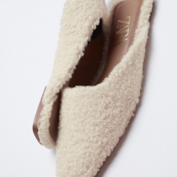 ZARA | Square Toe Faux Shearling Flat Mules - Picture 2 of 7